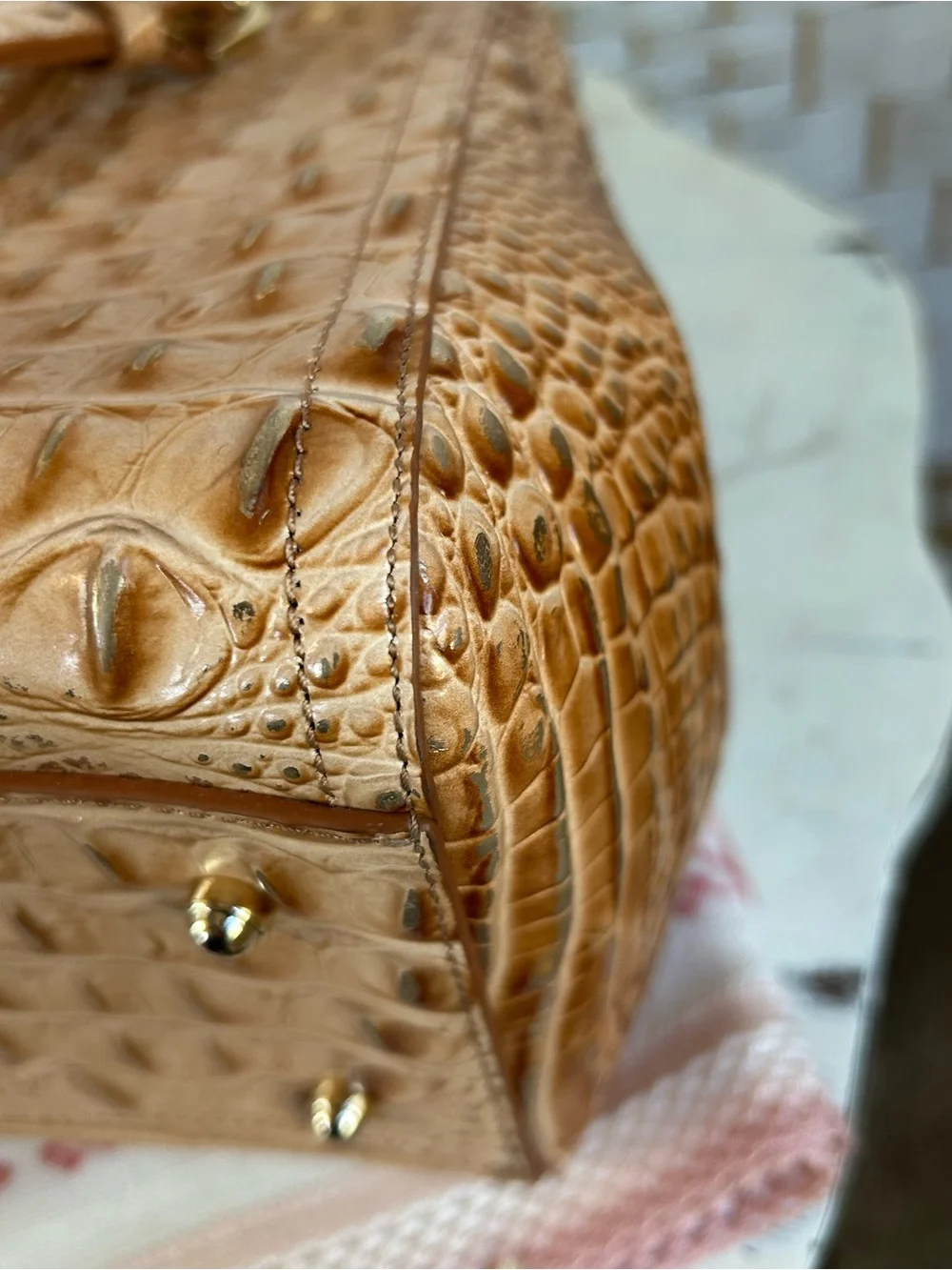 BRAHMIN FINLEY Driftwood Tan Metallic Croc-Embossed Satchel Tote Bag Office